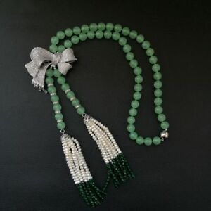 【送料無料】ジュエリー・アクセサリー ホワイトパールアベンチュリンジェイドボウノットネックレス
