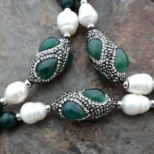【送料無料】ジュエリー・アクセサリー グリーンアゲートホワイトライスパールネックレス