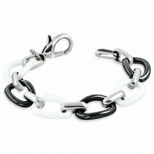 【送料無料】ジュエリー・アクセサリー ブラックホワイトセラミックチェーンブレスレット21cm x 16mm ?bracelet chainette en ceramique ovale noire et blanche avec maillo