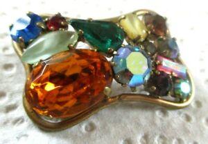 【送料無料】ジュエリー・アクセサリー ブローチオープンゴールドヴィンテージancienne broche ajouree couleur or cristaux multicolores rare bijou vintage 2829｜hokushin