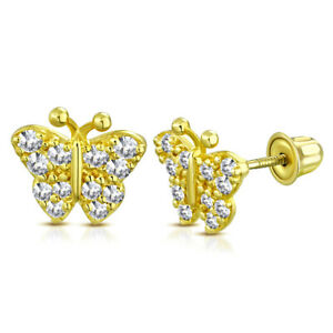 【送料無料】ジュエリー・アクセサリー ゴールドイエローバタフライリトルガールズイヤリング14k oro giallo farfalla insetto bianco trasparente cz piccolo ragazze orecchini,
