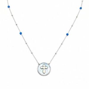【送料無料】ジュエリー・アクセサリー ロザリオアーメンネックレスクリスタルネックレスcollana rosario amen clmpbbl con croce e fondo in madreperla blu con cristalli