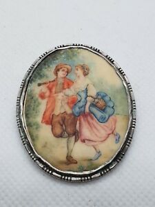 【貨物輸送無料】宝飾品・佩び物 ブロチェアンシエンヌモントゥールアージェントペイチュアセーヌロムアンティークサインデュプレbroche ancienne monture argent peinture scene romantique signe dupre refm962