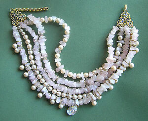 【貨物輸送無料】宝飾品・佩び物 コリアーチンクランスクォーツローズペルレスエストラス641  collier cinq rangs quartz rose, perles et strass