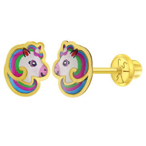 【貨物輸送無料】宝飾品・佩び物 ユニコーンマニキュアイヤリング14k oro giallo multicolore smalto unicorno orecchini per ragazze sicurezza vite