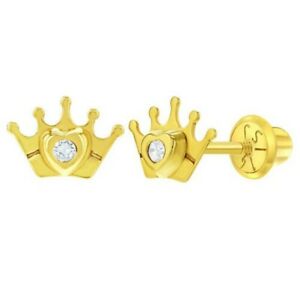 【貨物輸送無料】宝飾品・佩び物 ゴールドイエロージルコニプリンセスクラウンレトロスクリューイヤリング14k oro giallo zirconi principessa corona orecchini vite retro per bambini o