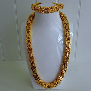 【貨物輸送無料】宝飾品・佩び物 キングチェーンブレスレットビザンチンステンレススチールチェーンゴールドネックレス14粍 x 120糎 re catena  bracciale 22糎 byzantine catena インチ acciaio inox oro collan