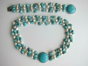 【貨物輸送無料】宝飾品・付属品 ナチュラルラインホワイトバロックパールターコイズネックレスブレスレットセット3 riga naturale perla barocca bianca amp; turchese collana e braccialeset