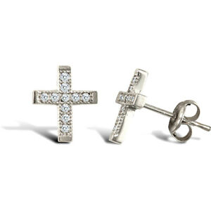 【送料無料】ジュエリー・アクセサリー ホワイトゴールドクロスゴールドイヤリングミニ9ct oro bianco cz orecchini a perno croce mini|hokushin