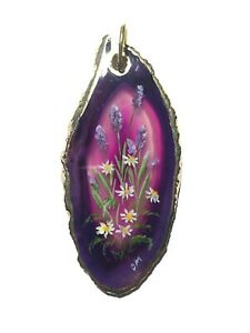 【貨物輸送無料】宝飾品・付属品 シャンデリヤラベンダーnuovodipinto a mano インチ agata ciondolo, lavanda amp; margherite, bordi del oro 18k
