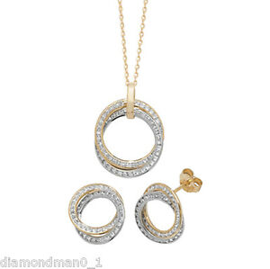 【送料無料】ジュエリー・アクセサリー ダブルサークルペンダントイヤリングセットゴールドイエローネックレス9ct oro giallo collana completo con doppio cerchio cz ciondolo e orecchino set