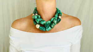 【貨物輸送無料】宝飾品・添え物 スレッドネックレスアマゾマイトシルバーamazonite e argento a piu fili collana