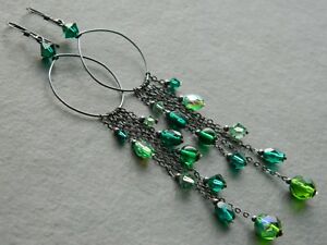 【送料無料】ジュエリー・アクセサリー グリーングラスパールクリスタルスワロフスキーイヤリングシルバーvintage verde perle di vetro, cristallo swarovski amp; ossidato orecchini lunghi argento 92|hokushin