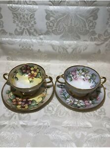 【送料無料】キッチン用品・食器・調理器具・陶器　リモージュフランス、スープカップソーサーダブルハンドルピンクイエローフラワーズセットLimoges France ,Soup Cup & Saucer Double Handle Pink/ Yellow Flowers,Set Of