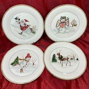 【送料無料】キッチン用品・食器・調理器具・陶器　アメリカのアトリエクリスマス小枝サンタ雪だるまエンジェル鹿ディナープレート新しいAmerican Atelier CHRISTMAS TWIGS Santa Snowman Angel Deer 4 Dinner Plates New｜hokushin 16,485円