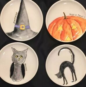 【送料無料】キッチン用品・食器・調理器具・陶器　ハロウィーン前菜デザートプレートセット魔女黒猫パンプキン新RAE DUNN Halloween Appetizer Dessert Plates Set Of 8 Witch Black Cat Pumpkin New画像