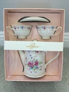 【送料無料】キッチン用品・食器・調理器具・陶器 グレースズティーウェアピンクローズカップソースティーポットギフトセットフローラルGRACE'S TEAWARE PINK ROSES 2 CUP WITH SAUCES & TEAPOT GIFT SET FLORAL