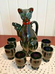 【送料無料】キッチン用品・食器・調理器具・陶器　シャフォードブラックキャットレッドウェアデカンタサキショットグラスセットShafford Black Cat Redware Decanter Saki Shot Glass Set画像