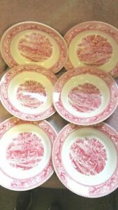 【送料無料】キッチン用品・食器・調理器具・陶器　ヴィンテージスープボウルメモリレーンレッドトランスファーウェアロイヤルアイアンストーン6 Vintage 1965 Soup Bowls 8.5 Memory Lane Red Transferware Royal Ironstone