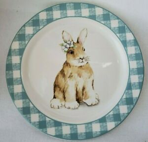 【送料無料】キッチン用品・食器・調理器具・陶器　新しいアクアギンガムチェックバニーウサギセットサラダプレートNEW MAXCERA AQUA GINGHAM CHECK BUNNY RABBIT SET OF 2 SALAD PLATES