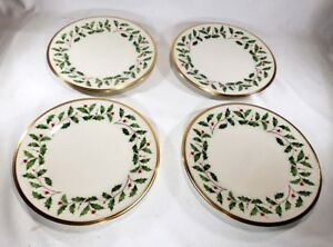 【貨物輸送無料】勝手もと装置・食器・膳立て物の具・瀬戸もの Set of 4 Lenox Holiday Holly Berry Gold Trim Salad Plates 8 1/4