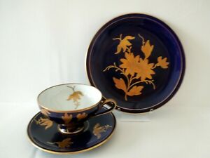 【送料無料】キッチン用品・食器・調理器具・陶器　ティーカップソーサープレートトリオコバルトゴールドは花を上げましたドイツイルメナウヴィンテージTea Cup Saucer Plate Trio Cobalt Gold Raised Flowers Germany Ilmenau Vintag