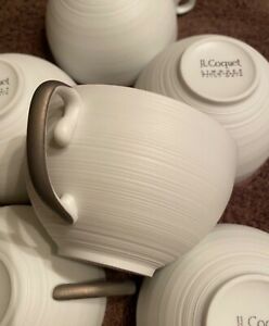 【送料無料】キッチン用品・食器・調理器具・陶器　コケリモージュペイトメインロットカップホワイトストライプマットフィニッシュフランスJ.L. COQUET Limoges Peint Main Lot of 6 Cups White Striped Matte Finish France｜hokushin