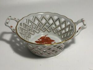 【送料無料】キッチン用品・食器・調理器具・陶器　美しいレアハンガリー手描き赤いブーケ織りボウルBeautiful Rare Vtg 1918-1920 HEREND Hungary Hand Painted Red Bouquet Weave Bowl