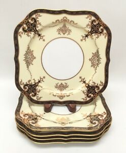 【送料無料】キッチン用品・食器・調理器具・陶器　アンティークノリテイクブラックゴールドスクエアサラダプレートフローラルスワッグ5 Antique Noritake Black 18k Gold Square Salad Plates Floral Swags