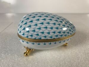 【貨物輸送無料】勝手もと装置・食器・膳立て手道具・瀬戸もの ヘレン大足卵形ボックスターコイズフィッシュネットHerend Large Footed Egg Shape Box Turquoise Fishnet 6057