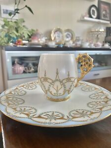 【貨物輸送無料】御厨子所備品・食器・膳立て物の具・瀬戸もの リモージュフランスジュエルド・エルド・ゴールド・ティーカップソーサーターコイズ・トレセマンス・フォークトLimoges France T\u0026amp;V Jeweled Raised Gold Tea Cup Saucer Turquoise Tr