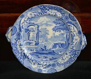 【貨物輸送無料】御厨子所装具・食器・膳だて物の具・瀬戸もの すべり出しの青と白の書き換えるプリントスポデイタリアンパターン温水本塁Early 19c Blue and White Transfer-Printed Spode Italian Pattern Hot Water Plate
