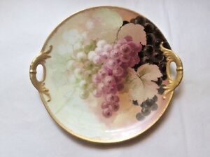 【貨物輸送無料】勝手もと装置・食器・膳立て手道具・瀬戸もの アンティークハビランドリモージュハンドペイント取り計らうプラッターブドウと葉Antique Haviland Limoges Hand Painted Handled Platter w Grapes \u0026amp; Leaves