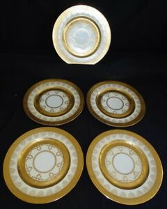 【貨物輸送無料】勝手もと装置・食器・膳立て物の具・瀬戸もの オズボーン中国シカゴアメリカハインリッヒディナープレートゴールド覆われた名書き入り口・入口曳き船Osborne China Chicago USA Heinrich 5 Dinner Plates Gold Encrusted Signed Tags