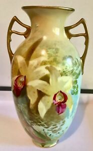 【貨物輸送無料】勝手もと装置・食器・膳立て物の具・瀬戸もの 見目麗しいレアロイヤル・ロイヤル・ドールン・ギルド・ハンドペイントオーキッド花立てサインデューズベリーBeautiful Rare Royal Doulton Gilded Hand Painted Orchid Vase signed Dewsbe