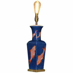 【送料無料】キッチン用品・食器・調理器具・陶器　中国魚粉青い地面鉄赤金金ランプ花瓶KANGXI PERIOD 1662-1722 CHINESE FISH POWDER BLUE GROUND IRON RED GILT LAMP VASE｜hokushin