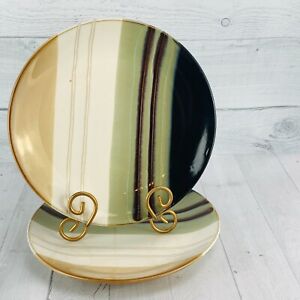 【送料無料】キッチン用品・食器・調理器具・陶器　ホームトレンドテクスチャーグリーンブラウンストライプストーンウェアディナープレートセット枚セットHome Trends JAZZ Textured Green Brown Stripes Stoneware Dinner Plates Set｜hokushin