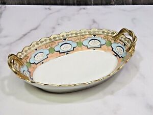 【送料無料】キッチン用品・食器・調理器具・陶器　アンティークハンド塗装日本オーバルハンドボウルゴールド編組ハンドルAntique Hand Painted Nippon M Oval Handled Bowl Gold Braided Handle 14,045円
