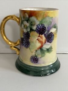 【送料無料】キッチン用品・食器・調理器具・陶器　ヴィンテージリモージュハンドペイントブラックベリーフローラル磁器タンカードスタインゴールドVintage JPL Limoges Hand Painted Blackberry Floral Porcelain Tankard Stein Go