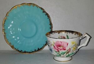【送料無料】キッチン用品・食器・調理器具・陶器　Vintage Wild Rose Turquoise Gold Aynsley Footed Tea Cup Saucer C2662/28 England