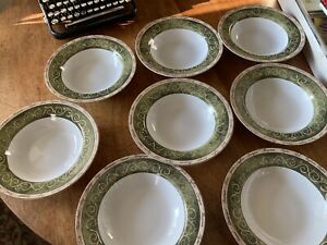 【送料無料】キッチン用品・食器・調理器具・陶器　アメリカのアトリエブーケガルニグリーンスクロールリムスープボウルロットAmerican Atelier Bouquet Garni 5011 Green Scrolls Rimmed Soup Bowls 9” Lot of 8