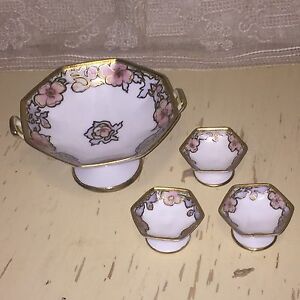【送料無料】キッチン用品・食器・調理器具・陶器　アンティーク年代日本中国磁器モリエゲフットボウルボウル皿セットヌーボーAntique 1920s Nippon China Porcelain Moriage Footed Bowls Bowl Dish Set Nouveau