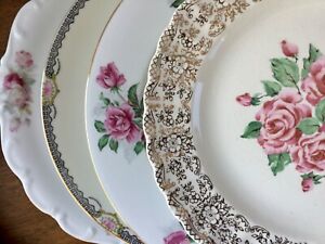 【送料無料】キッチン用品・食器・調理器具・陶器　不一致中国ディナープレートヴィンテージ?ピンクローズゴールドトリムのセットMismatched China Dinner Plates Vintage ~ Set of 4 ~ PINK ROSES GOLD TRIM