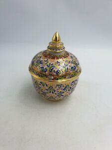 【送料無料】キッチン用品・食器・調理器具・陶器　ベンジャロンタイ磁器瓶ポットダブルリングポインティハンド塗装花ゴールドBenjarong Thailand Porcelain Jar Pot Double Ring Pointy Hand Painted Floral Gold