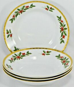 【送料無料】キッチン用品・食器・調理器具・陶器　ゴーハムスープボウルズお祝いホリーセット印象的なゴールドアクセントGORHAM SOUP BOWLS FESTIVE HOLLY SET of 4 - Striking Gold Accents !