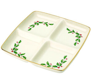【貨物輸送無料】勝手もと装置・食器・膳立て物の具・瀬戸もの レノックスホリデーセクション取りわけるディッシュスクエアサーバーホリーベリーモチーフ新Lenox Holiday 4 Section Divided Dish Square Server Holly Berry Motif New