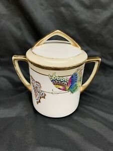 【貨物輸送無料】勝手もと装置・食器・膳立て物の具・瀬戸もの 日本夢見鳥行動様式瀬戸もの蓋付き添い人コンデンスミルクジャーゴールドトリムNippon Butterfly Pattern Porcelain Lidded Condensed Milk Jar Gold Trim