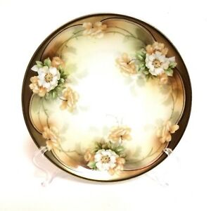 【送料無料】キッチン用品・食器・調理器具・陶器　プロイセン手塗装花板ホワイトピーチローズゴールドリムR. S. Prussia Hand Painted Flower Plate White & Peach Roses Gold Rim