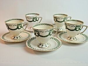 【送料無料】キッチン用品・食器・調理器具・陶器　ロットアンティークサルグミンズカップソーサーデミタスエスプレッソグリーンホワイトゴールドトリムLot 5 Antique Sarreguemines Cup Saucer Demitasse Espresso Green White Gold｜hokushin