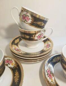 【送料無料】キッチン用品・食器・調理器具・陶器　ミッドセンチュリーコーヒーティーカップとソーサーピンクのバラと黒と金、Mid-Century 6 Coffee/Teacups and Saucers - Pink Roses with Black and Gold by CIB